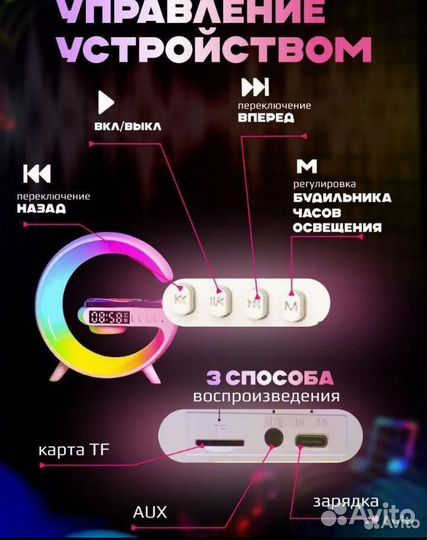 Умный Светильник с Колонкой/Беспроводной зарядкой