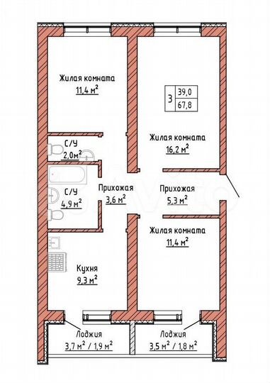 3-к. квартира, 67,8 м², 6/16 эт.