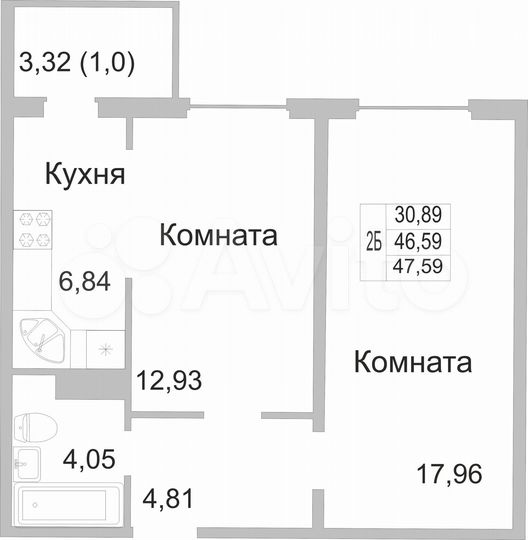 2-к. квартира, 47,6 м², 1/9 эт.