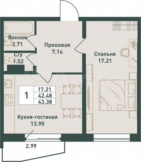 1-к. квартира, 43,4 м², 6/16 эт.