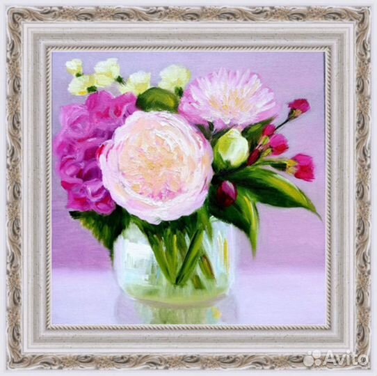 Букет цветов в вазе картина 20х20 см
