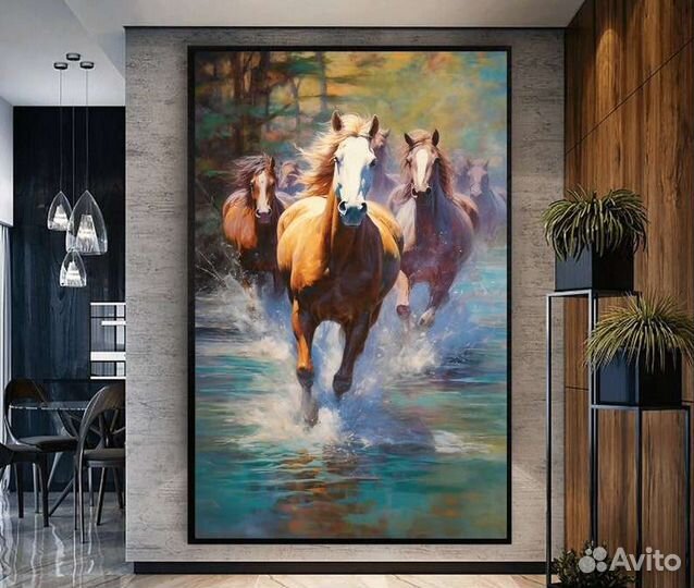 Картина маслом в интерьере Табун диких лошадей