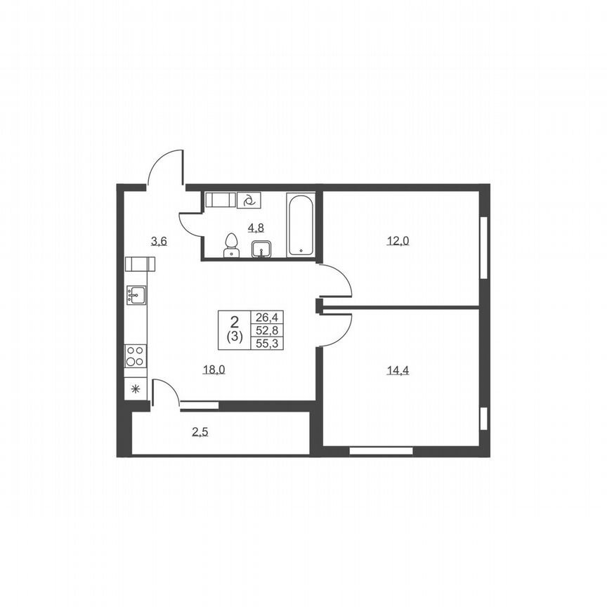 2-к. квартира, 55,3 м², 2/8 эт.