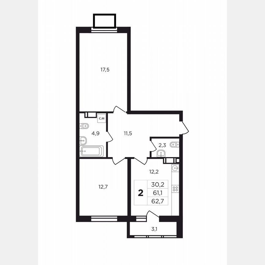 2-к. квартира, 64,1 м², 7/9 эт.