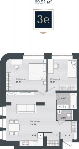 3-к. квартира, 69,9 м², 2/24 эт.