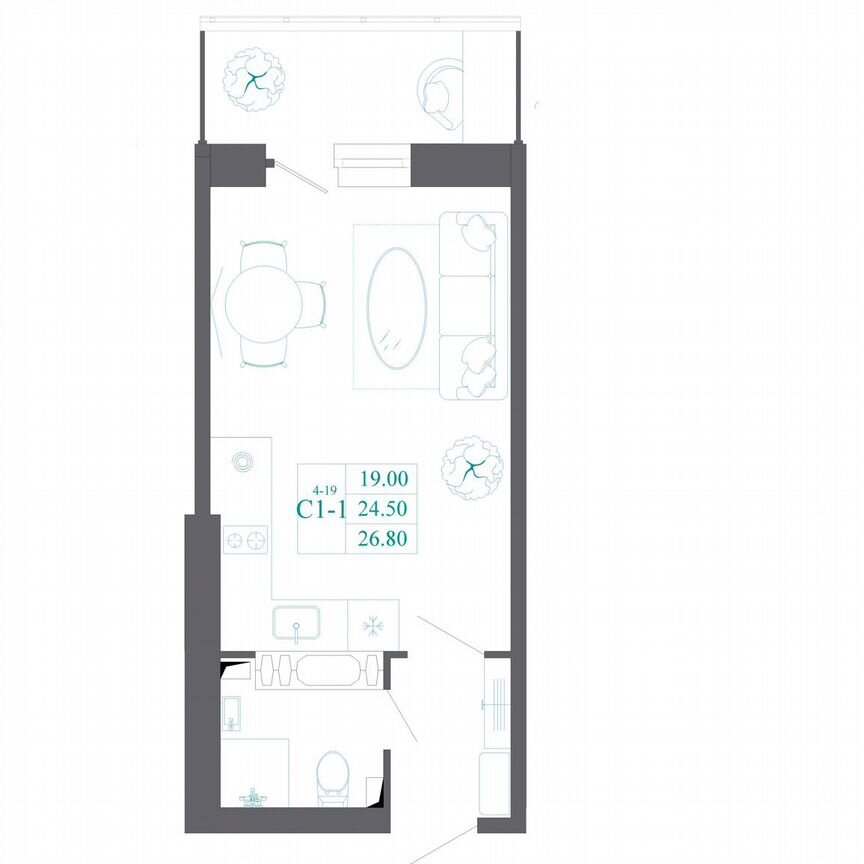 Квартира-студия, 26,8 м², 11/19 эт.