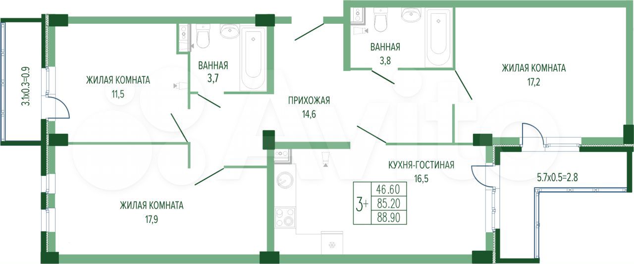 3-к. квартира, 90,9 м², 2/7 эт.