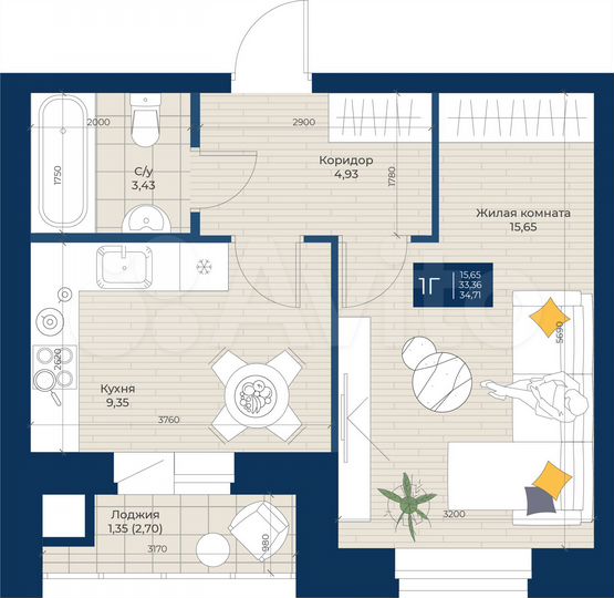 1-к. квартира, 34,7 м², 1/5 эт.