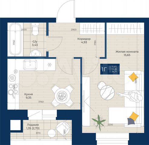 1-к. квартира, 34,7 м², 1/5 эт.