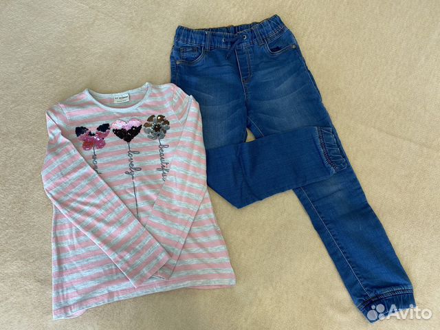 Комплект на девочку джинсы+лонгслив 128-134 см