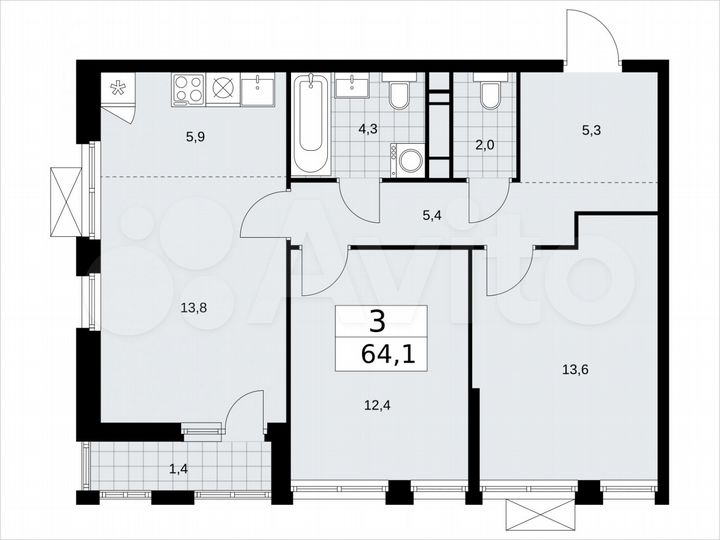 3-к. квартира, 64,1 м², 11/18 эт.