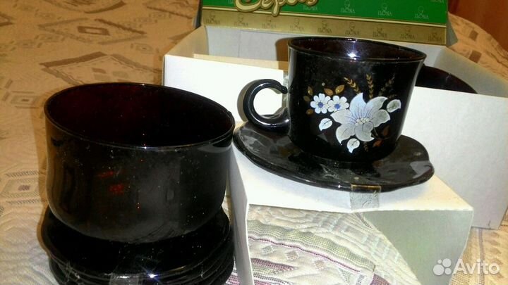 Кофейный сервиз новый из темного стекла