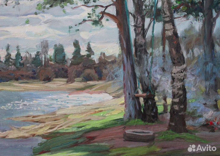 Старинная картина пейзаж маслом лес река деревья