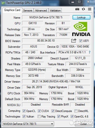 Видеокарта Asus GeForce GTX 780 Ti