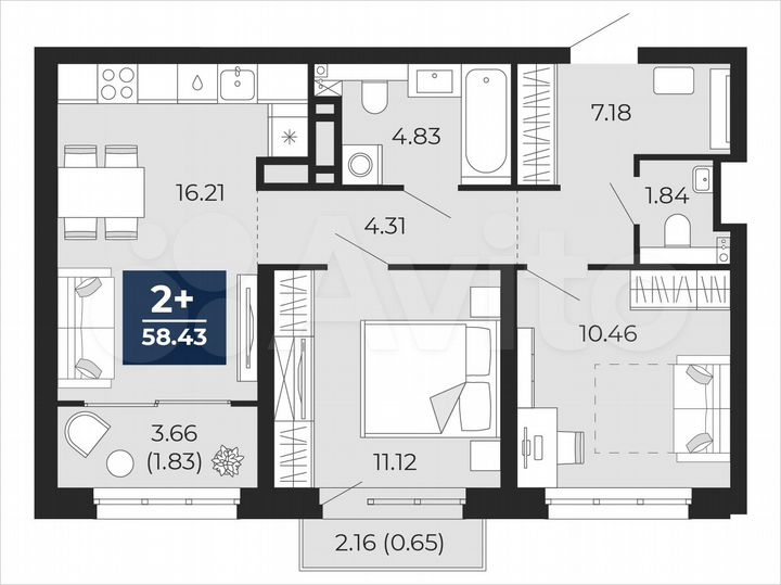 2-к. квартира, 58,4 м², 4/22 эт.