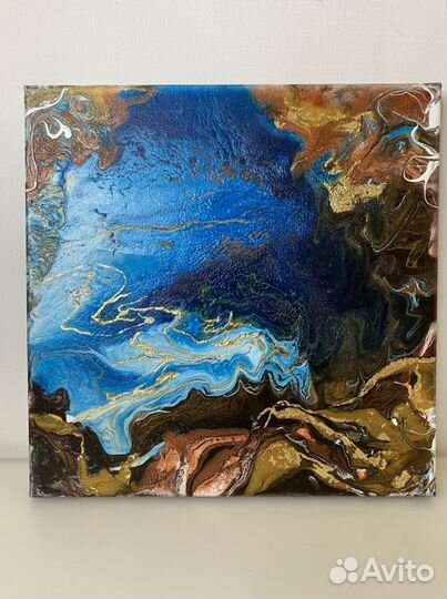 Картина Абстракция флюид арт синий золото