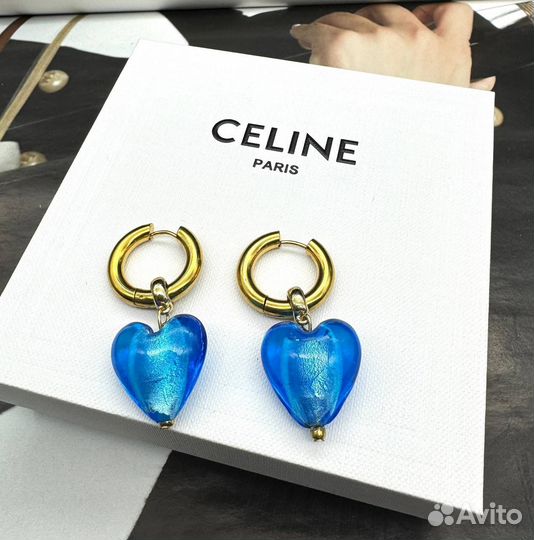 Серьги в стиле Celine голубое сердце