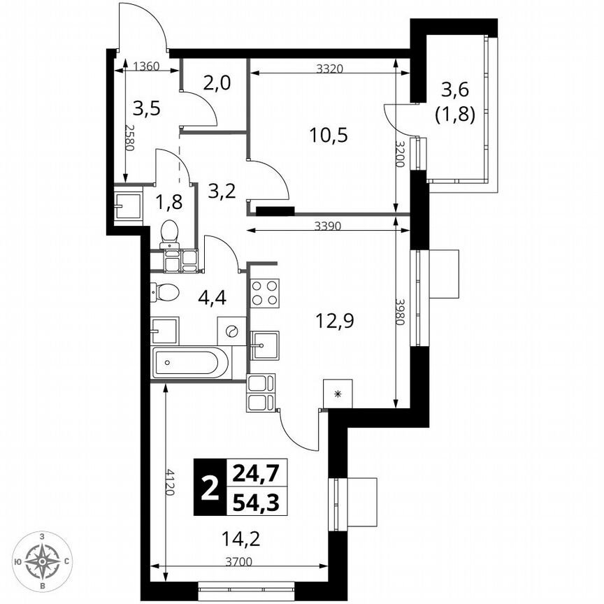 2-к. квартира, 54,3 м², 18/25 эт.