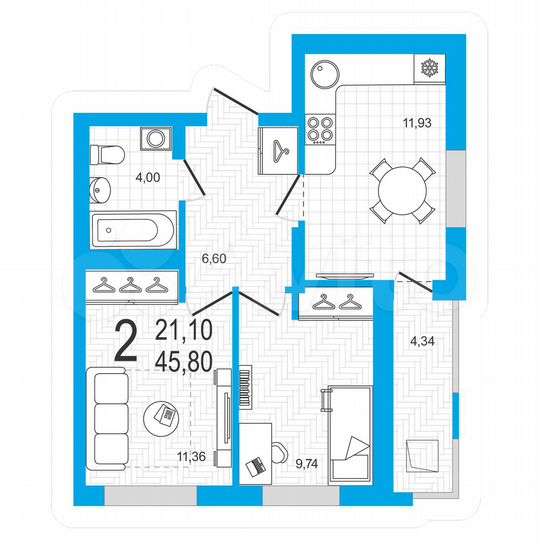 2-к. квартира, 45,8 м², 18/21 эт.