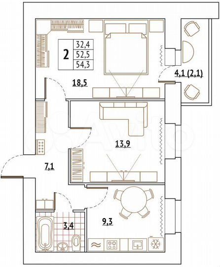2-к. квартира, 56,3 м², 13/16 эт.