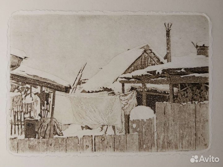 Офорт. Картина. Зимний пейзаж