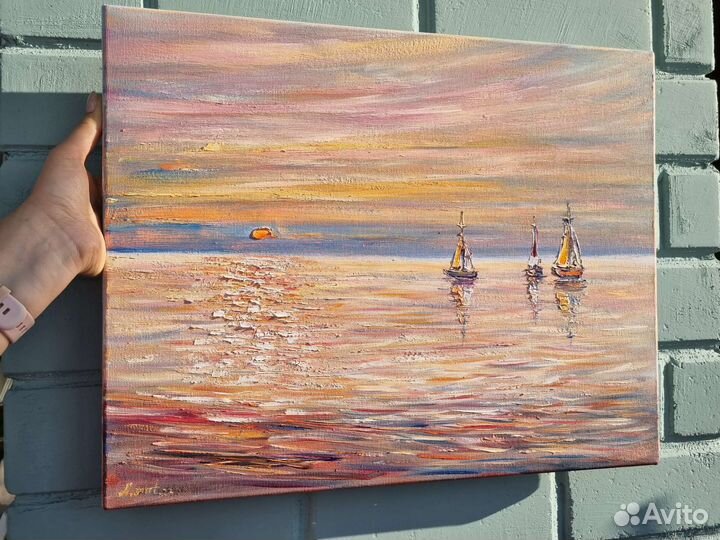 Пейзаж морской маслом на холсте море лодки