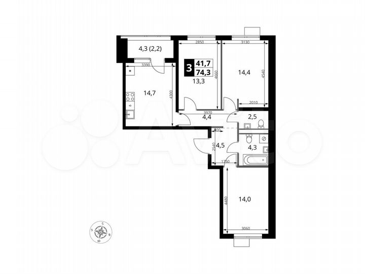 3-к. квартира, 74,3 м², 2/9 эт.