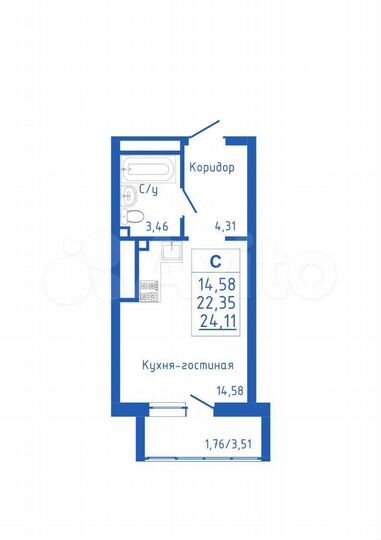 Квартира-студия, 24,1 м², 9/25 эт.