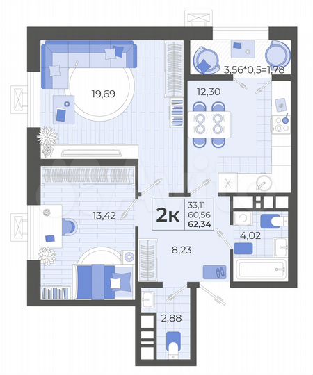 2-к. квартира, 62,3 м², 8/14 эт.