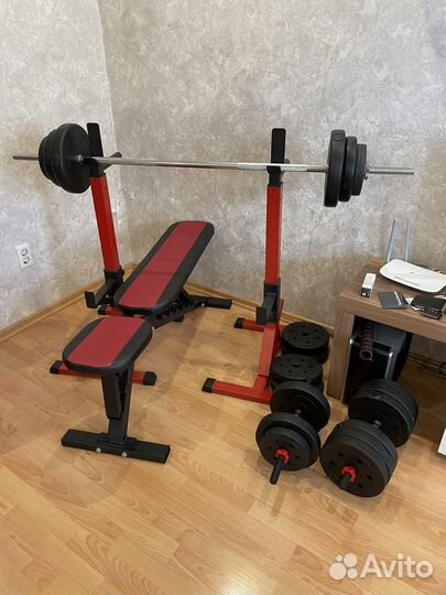 Скамья для жима, гантели, штанга, стойки