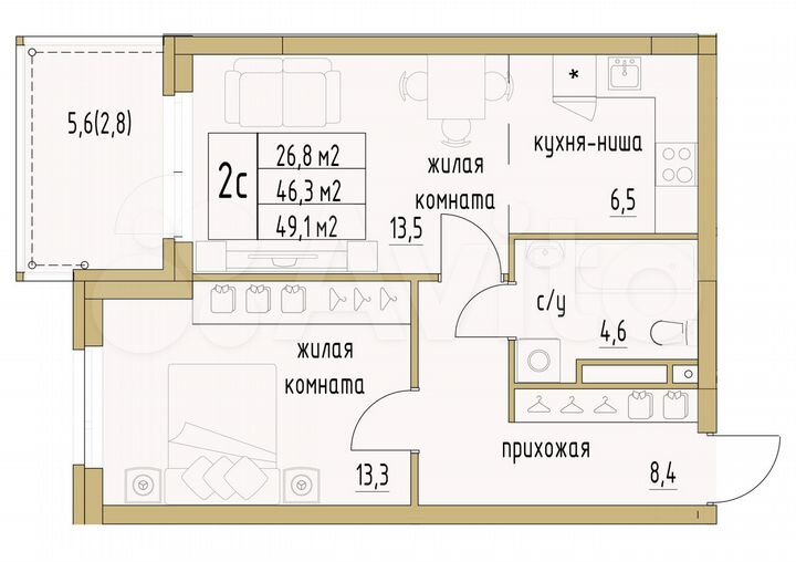 2-к. квартира, 49,1 м², 6/6 эт.