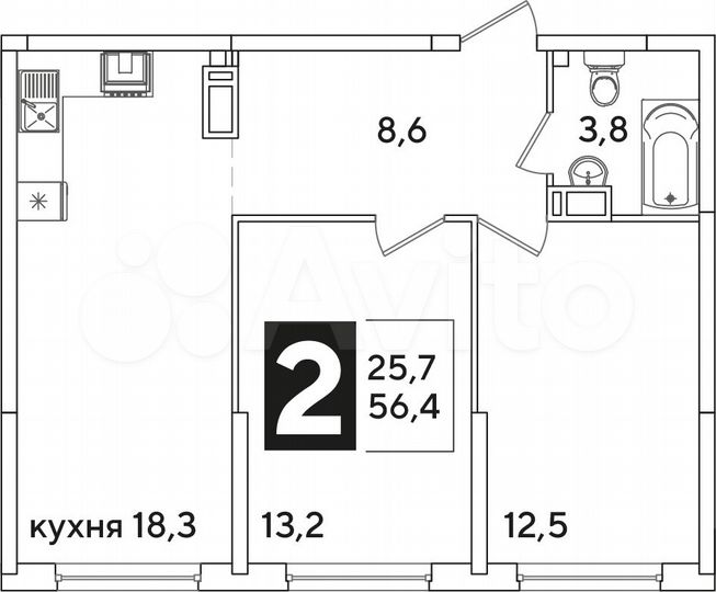 2-к. квартира, 56,4 м², 14/16 эт.