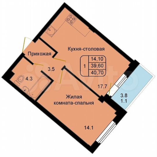1-к. квартира, 40,7 м², 1/9 эт.