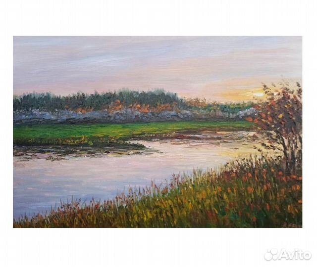 Картина пейзаж маслом лето закат речка холст