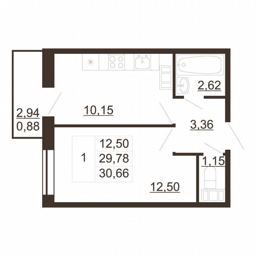 1-к. квартира, 30,7 м², 6/6 эт.