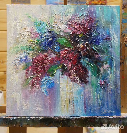 Картина маслом, Букет сирени, 30х30 см