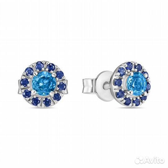 Пуссеты из Белого Золота с Сапфирами и Топазами