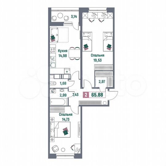 2-к. квартира, 65,9 м², 14/16 эт.