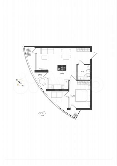2-к. апартаменты, 58,3 м², 7/11 эт.