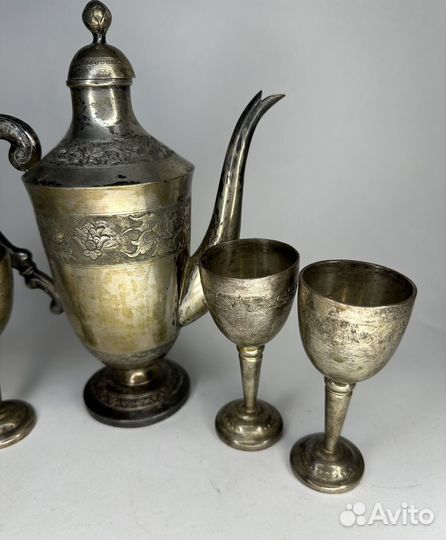 Старинный коньячный набор, латунь серебрение