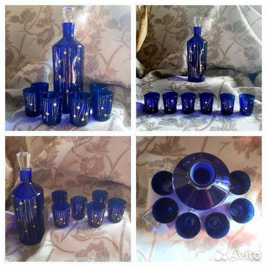 Графин со стопками, креманки, ваза цвета кобальт