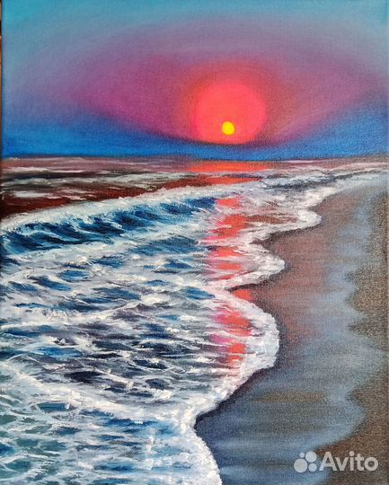 Море волны закат картина маслом 40 х 50 см