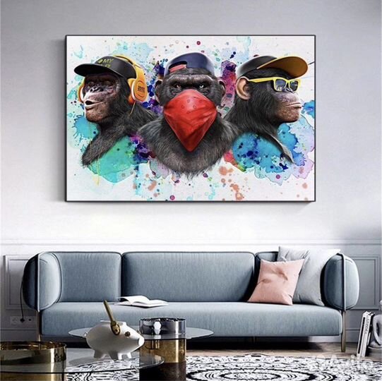 Картина на холсте три обезьяны, для офиса