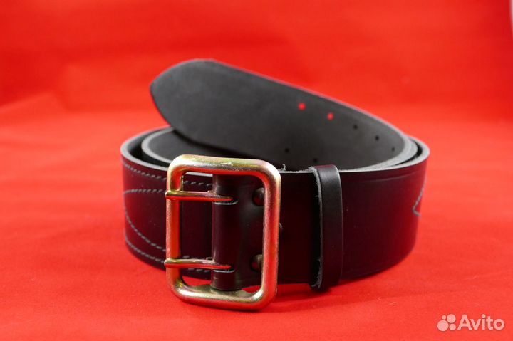 Ремень солдатский кожаный прошитый черный