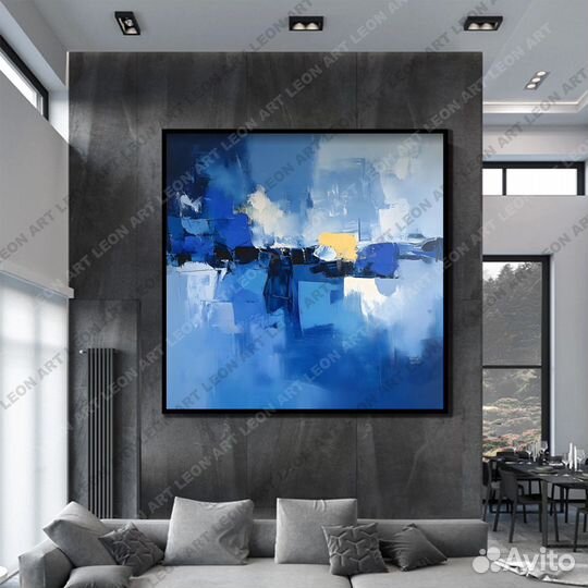 Картина большая на холсте абстракция синий голубой