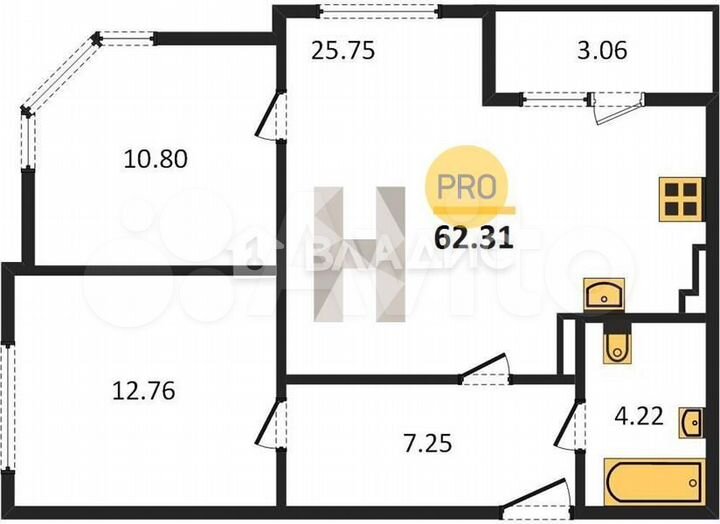 2-к. квартира, 62,3 м², 3/9 эт.