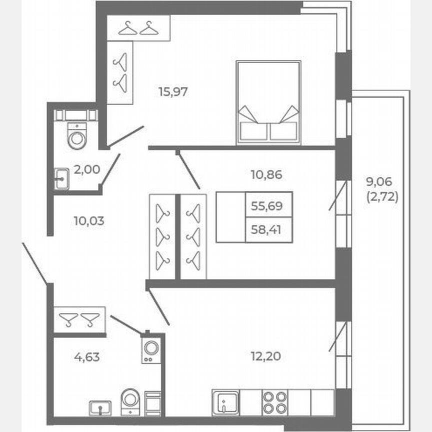2-к. квартира, 55,7 м², 1/4 эт.