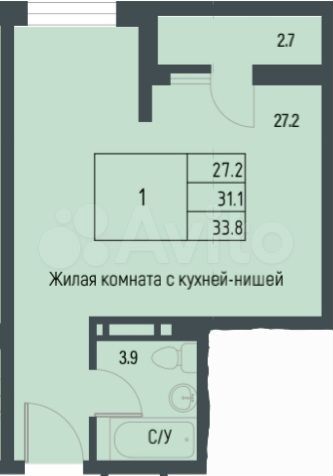 Квартира-студия, 33,8 м², 3/15 эт.