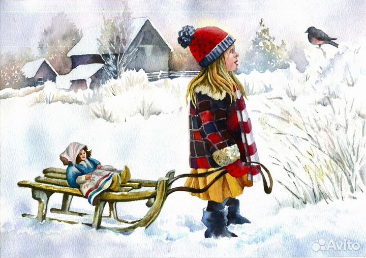 Картина акварелью Пейзаж Встреча