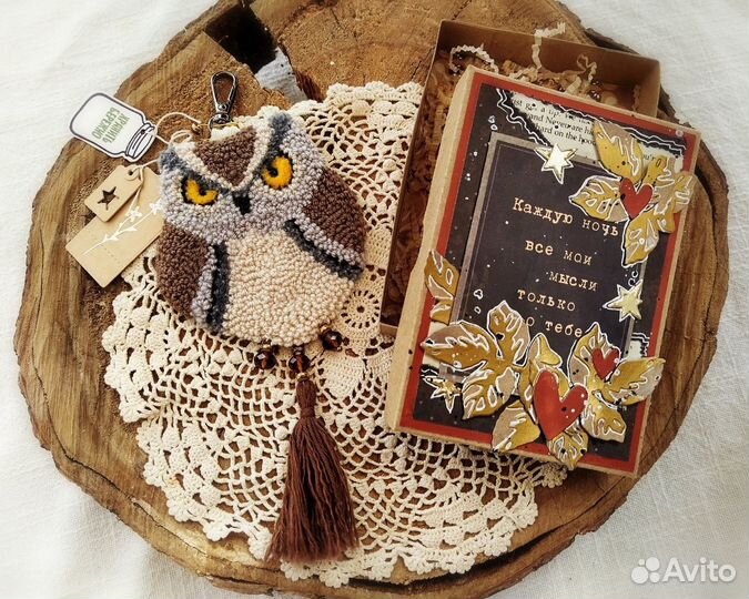 Брелок-обвес сова, ковровая вышивка (punch needl)